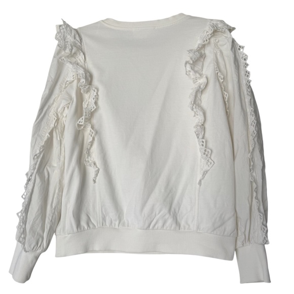 By Anthropologie Ruffle-Sleeve Lace Sweatshirt in Ivory White size Small - Picture 8 of 10